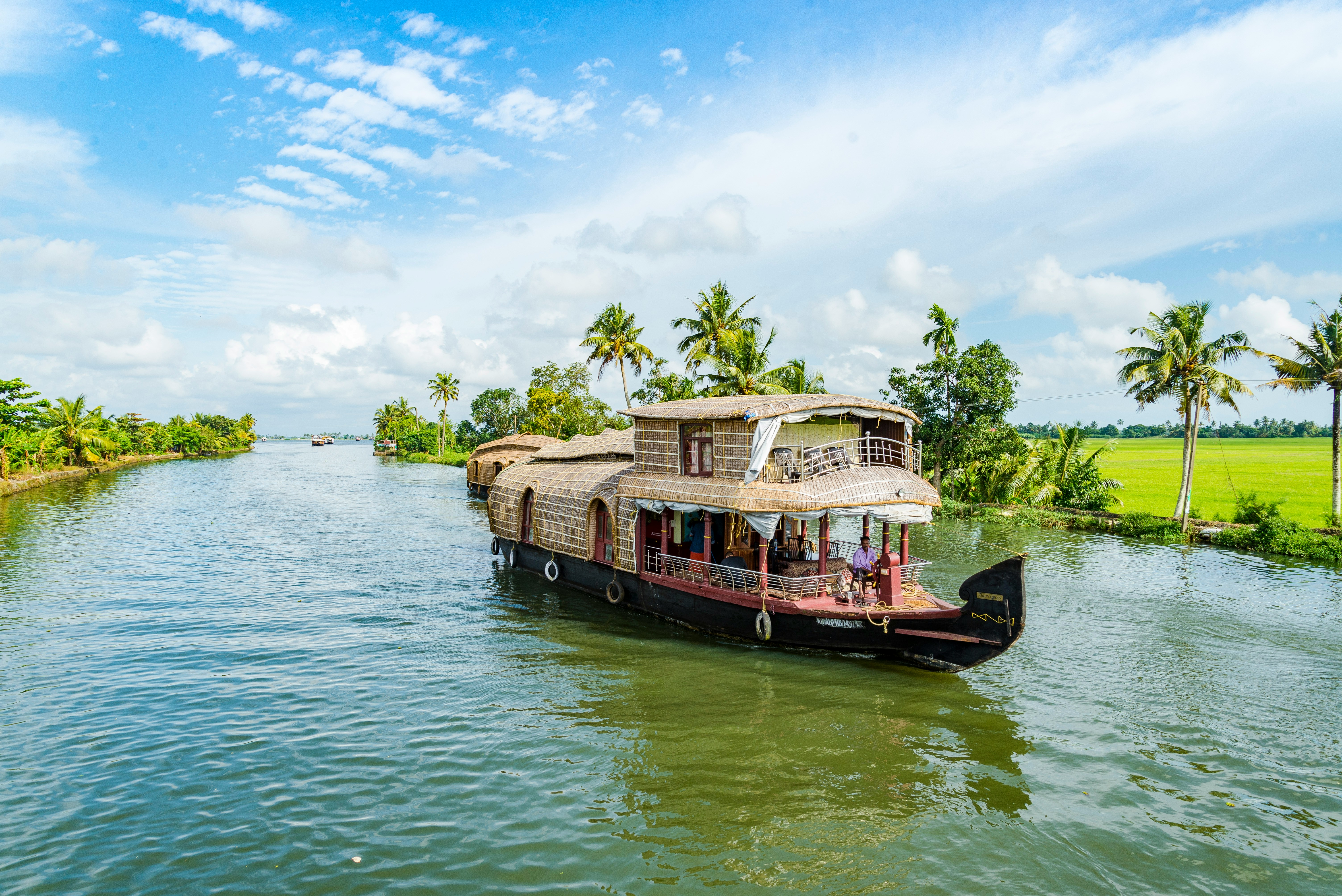 A traditional houseboat cruises through palm-lined backwaters near Alleppey.