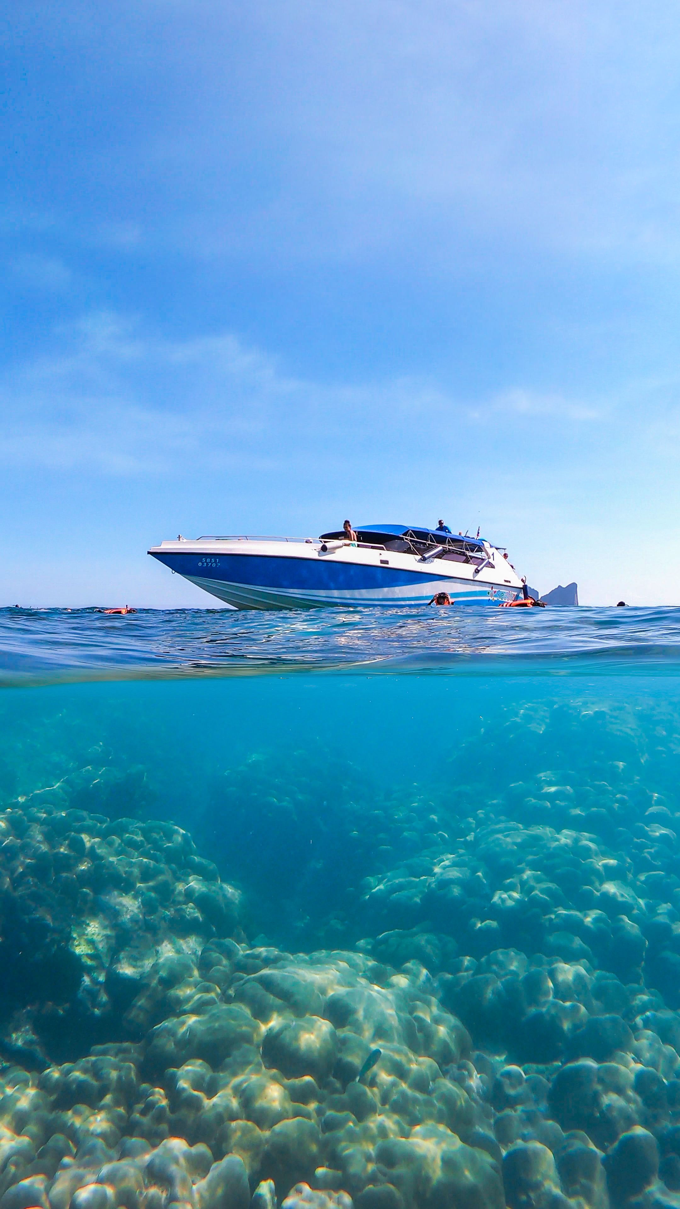 A speedboat on clear water above a coral reef, with swimmers snorkelling nearby.