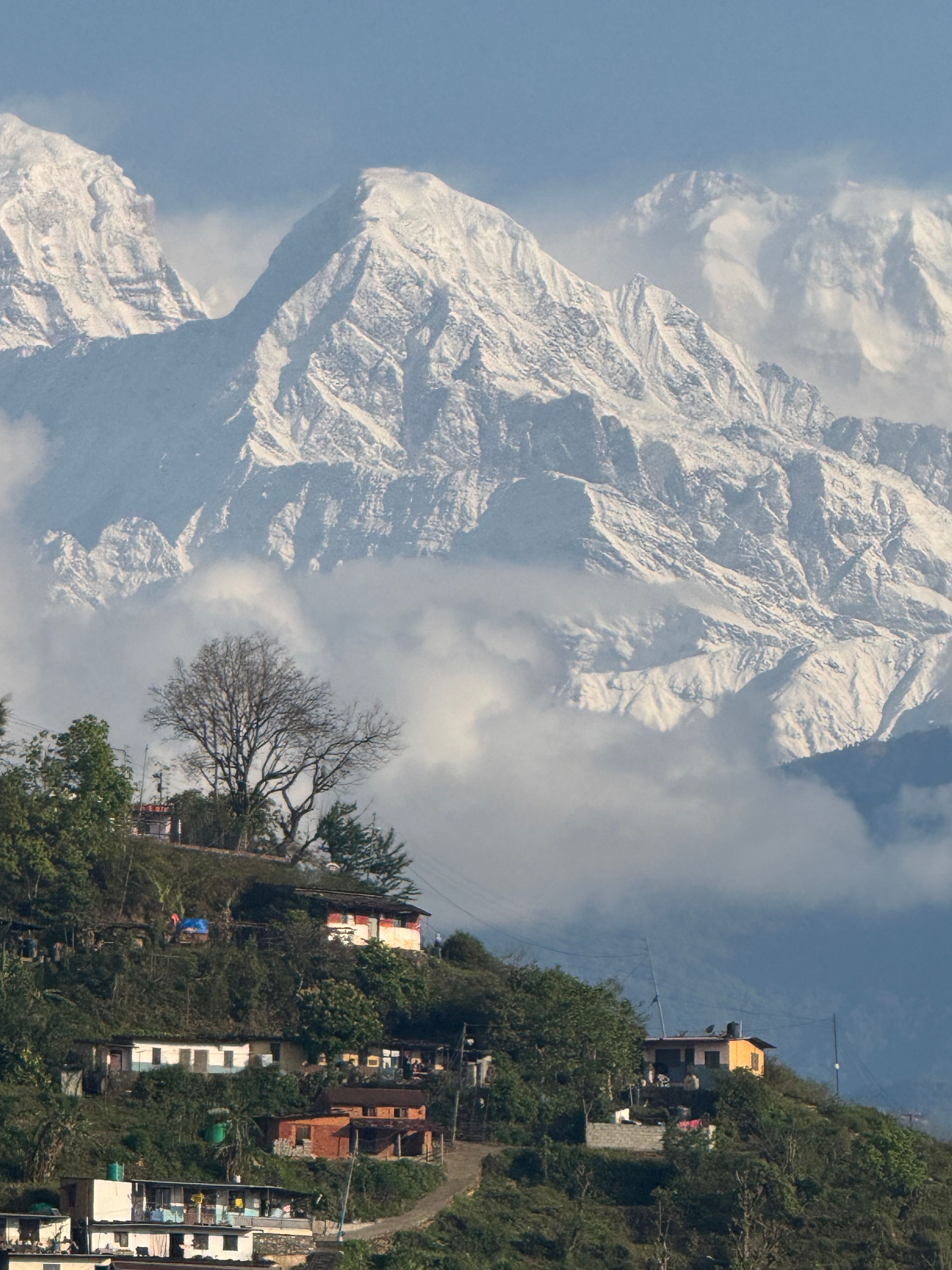 Snow-capped Himalayan peaks above forested hills near Nagarkot
