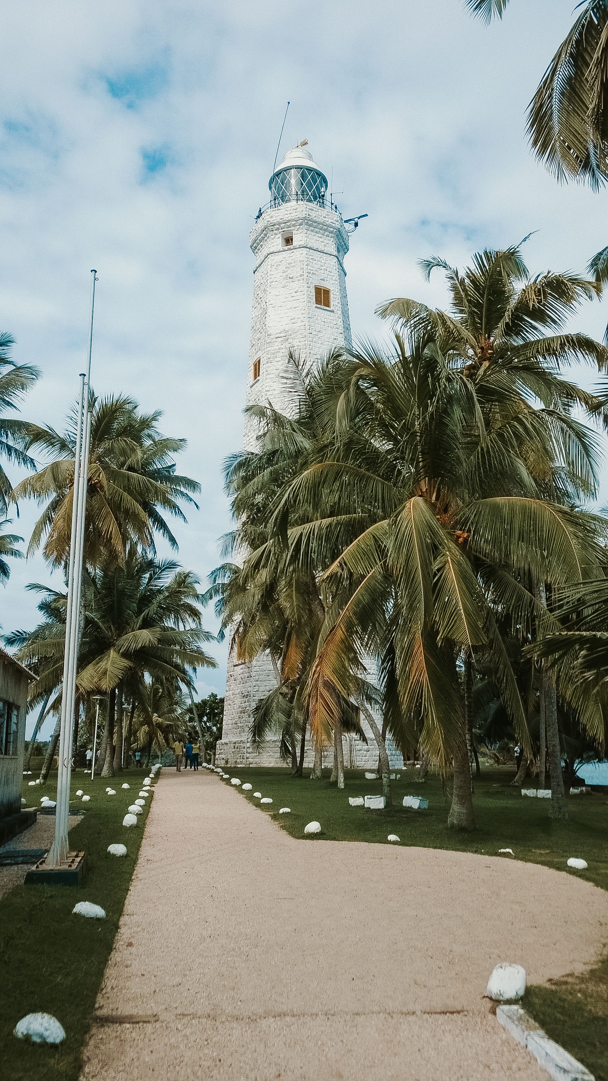White lighthouse beyond palm trees and a sandy path