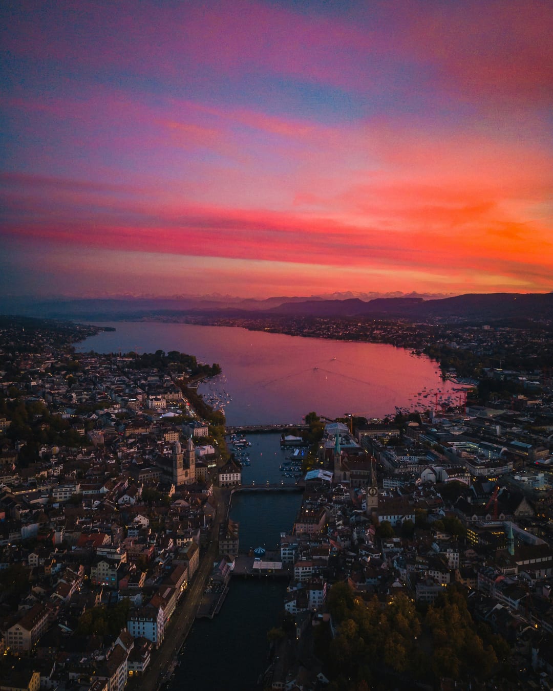 An aerial view of Zurich’s river, city centre and church towers