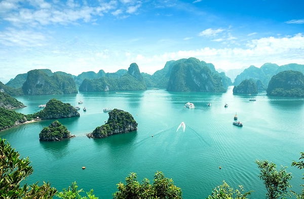 Ha Long Bay waters and limestone karsts