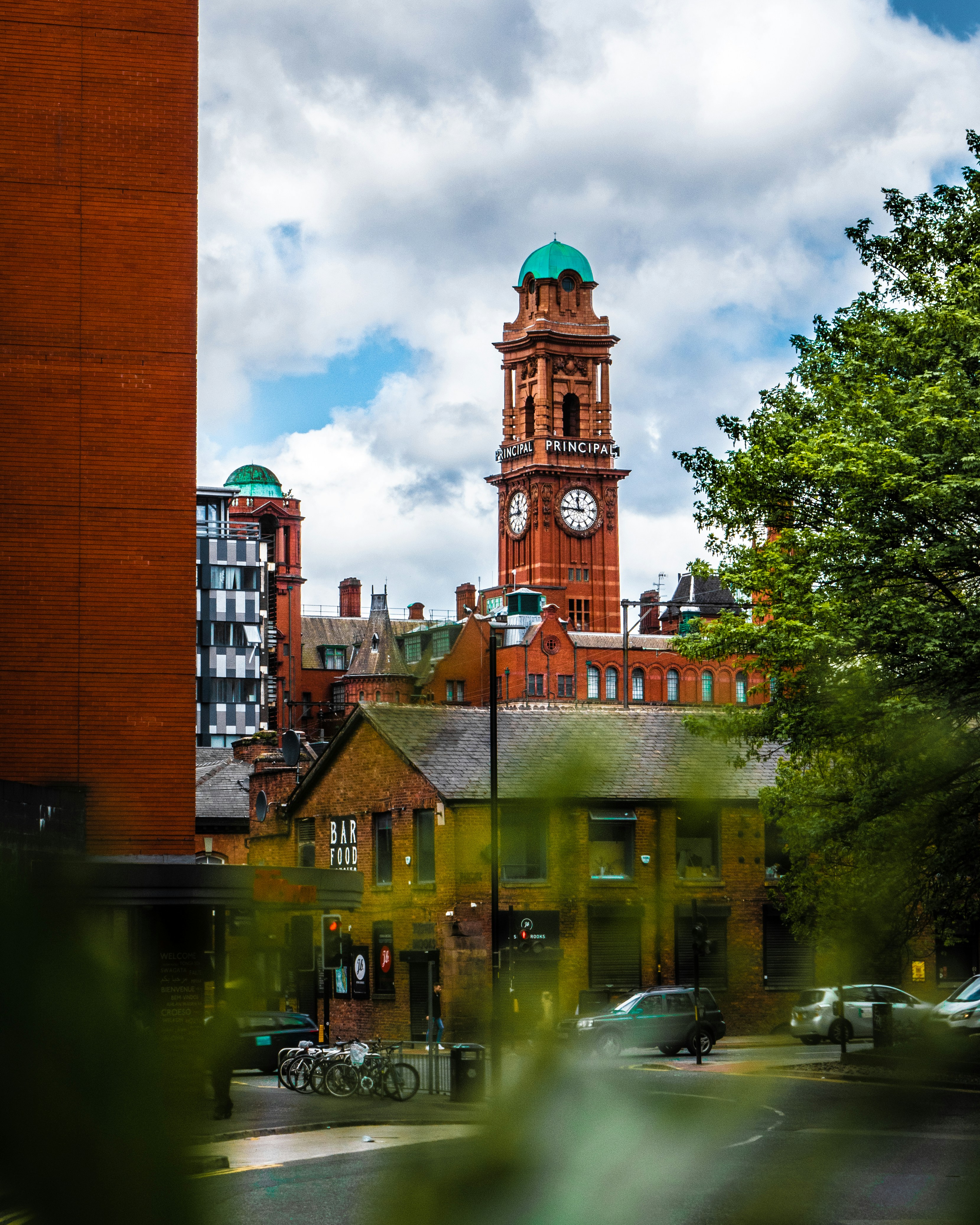 Manchester’s red-brick clock tower above the city street