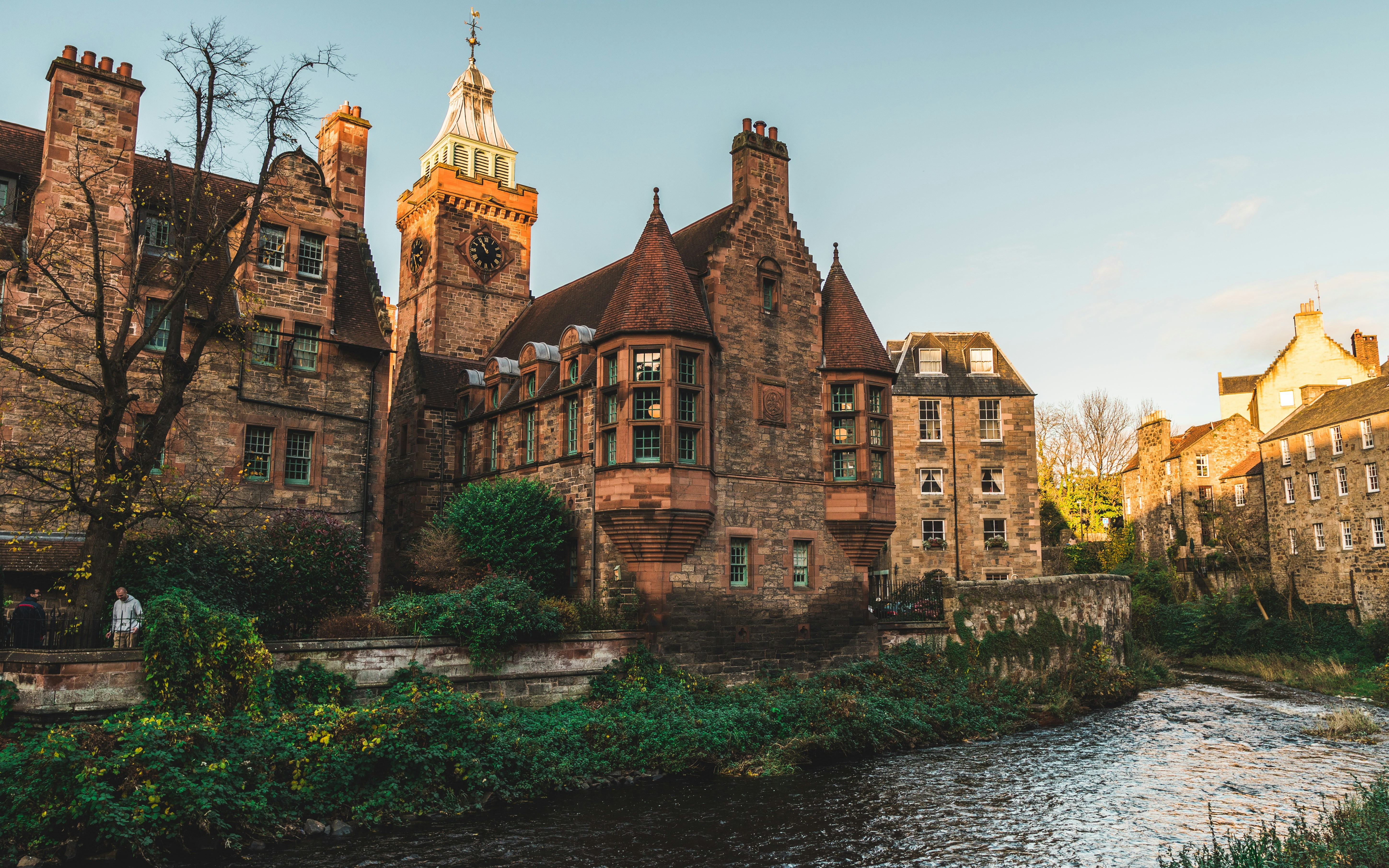 Historic stone buildings beside the Water of Leith in Edinburgh