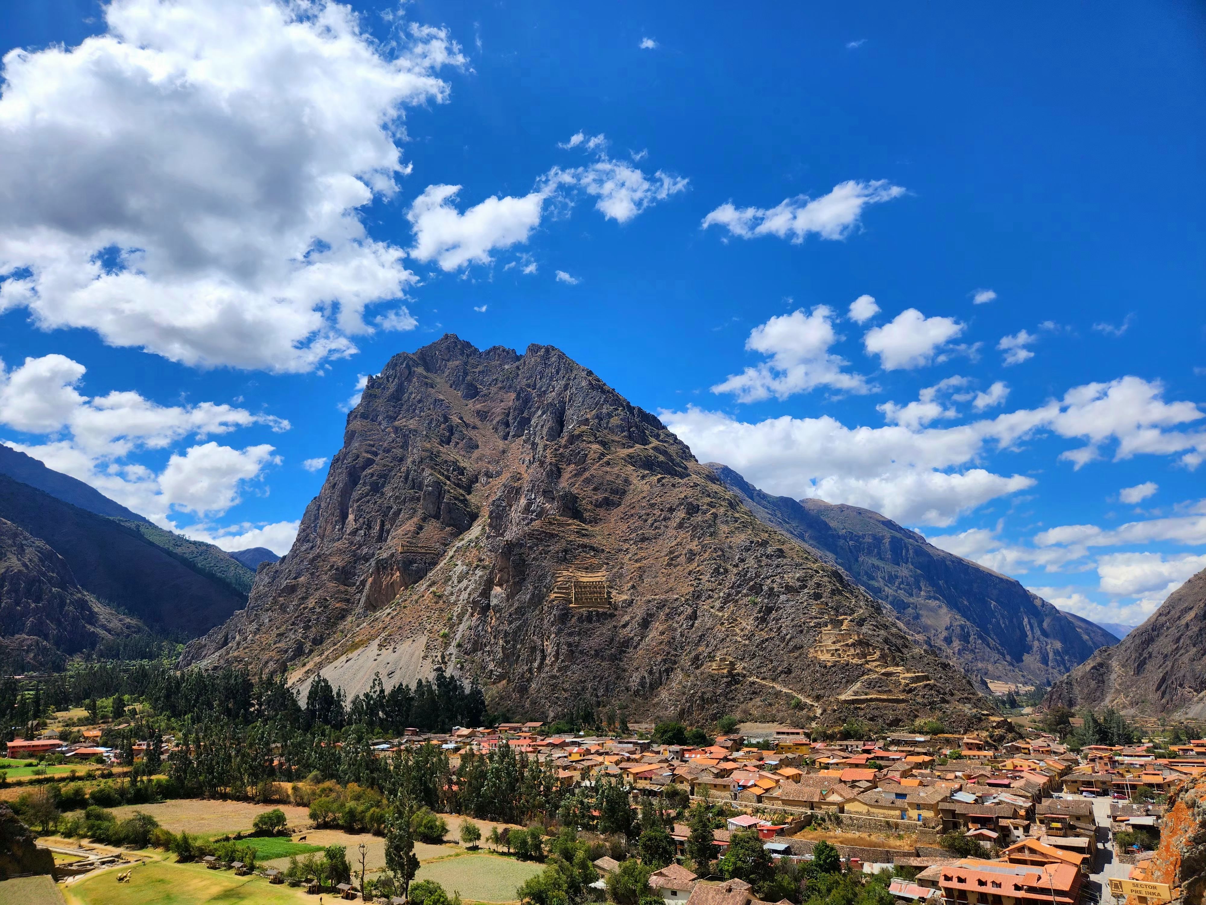 Inca stone terraces and mountain scenery at Ollantaytambo